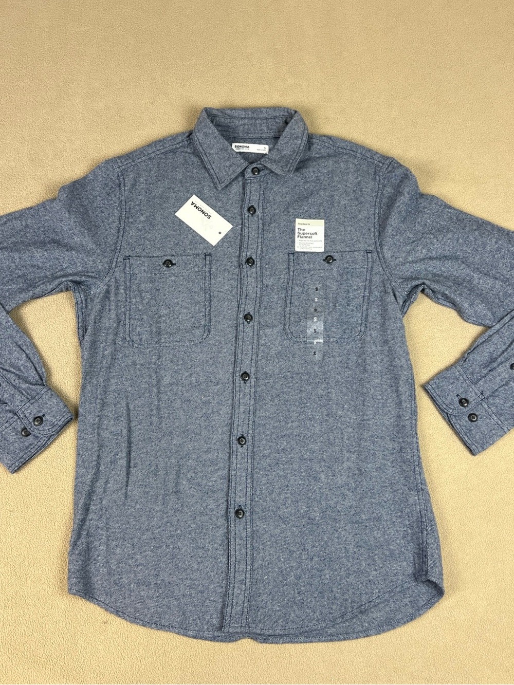 Sonoma The Supersoft Flannel Shirt. 100% Cotton, Solid. Blue. Men's Sz Small